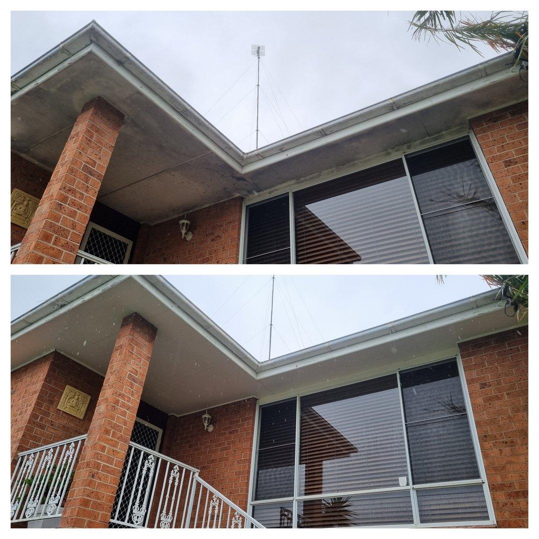 before and after soft washing outdoor ceiling